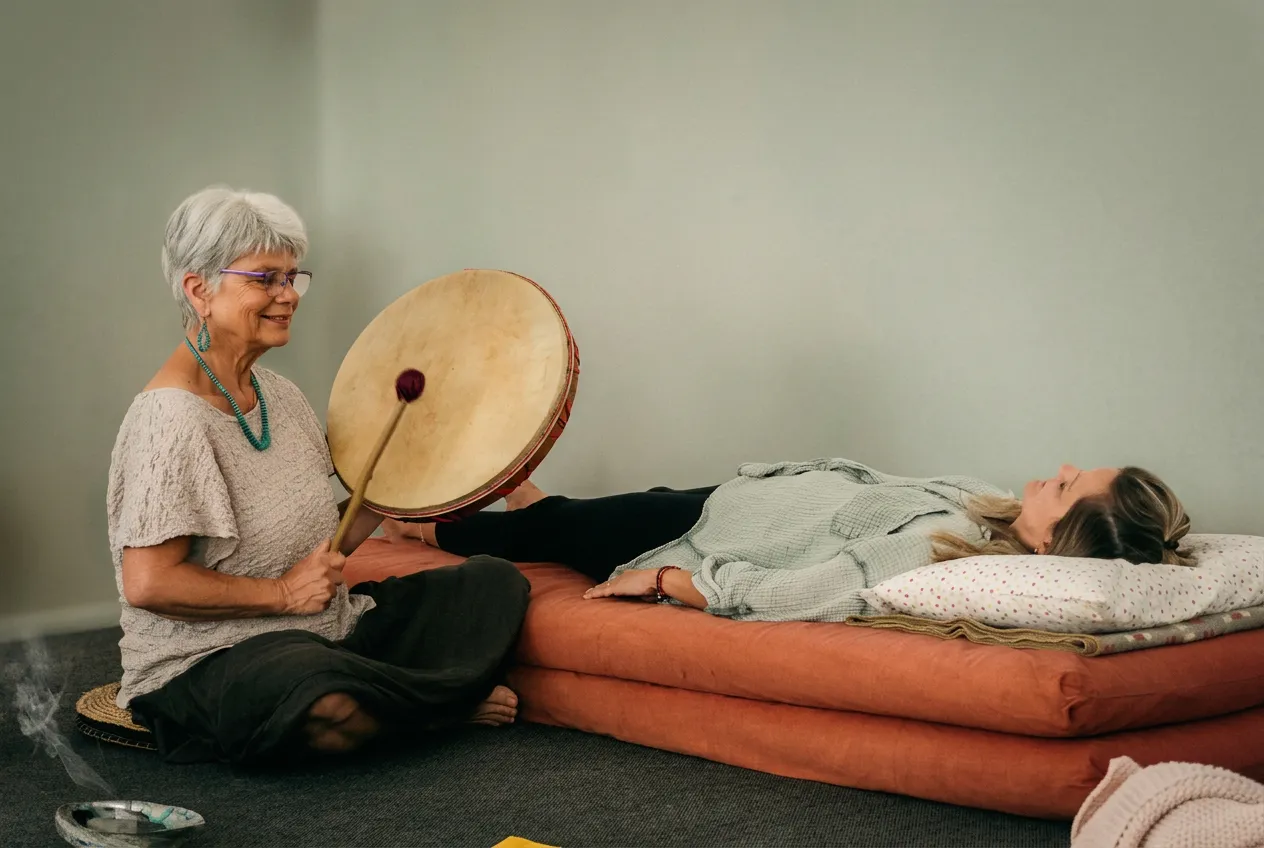 Marianne Leuenberger und Suada Murati in einer schamanischen Session mit Rahmentrommel